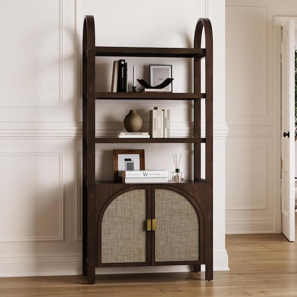 Nathan James Paxton 71 in. Tall Dark Acacia Boho Bookshelf with Solid Wood Legs, 3-Shelf Accent Bookcase Cabinet with Rattan Door