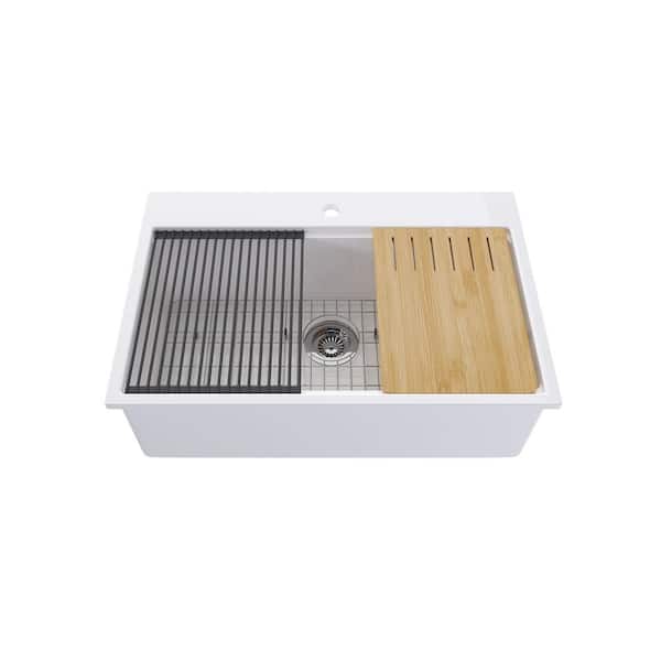 32.87 in. L Single Bowl Drop-In Fireclay Kitchen Sink in White with Bottom Grid and Rolling Drying Rack