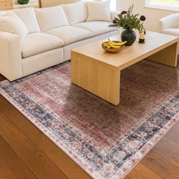 Sylvan Moor Garnet Red 5 ft. x 7 ft. Traditional Bordered Machine Washable Non-Slip Area Rug