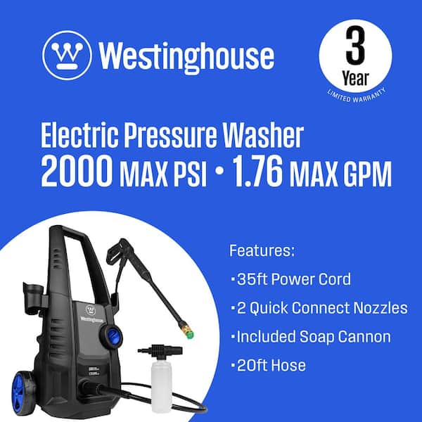 2000 PSI 1.76 GPM Cold Water Electric Powered Pressure Washer with Anti-Tipping Technology and 2 Quick Connect Tips