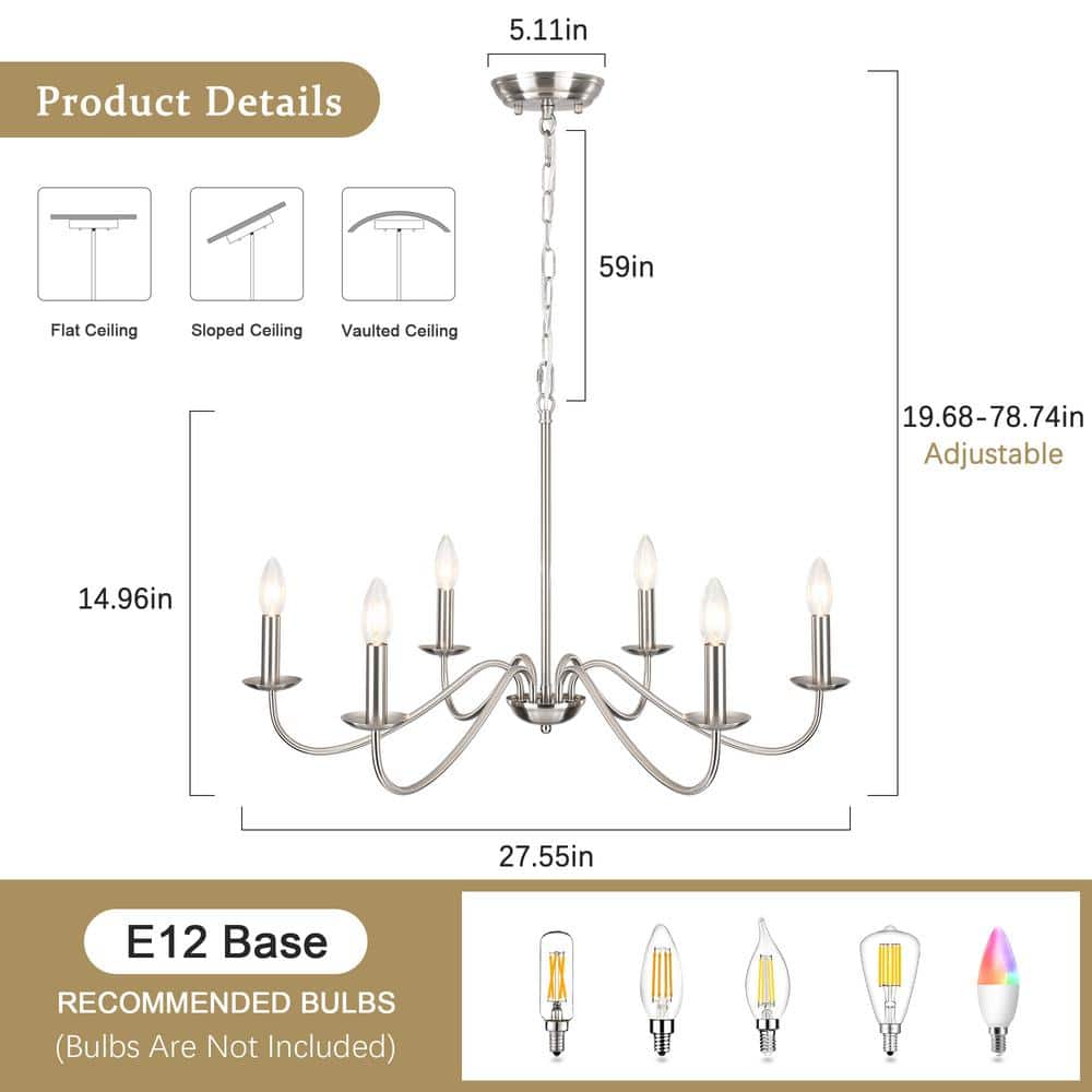 Nickel 6-Light Candle Chandelier with Tubular Arms