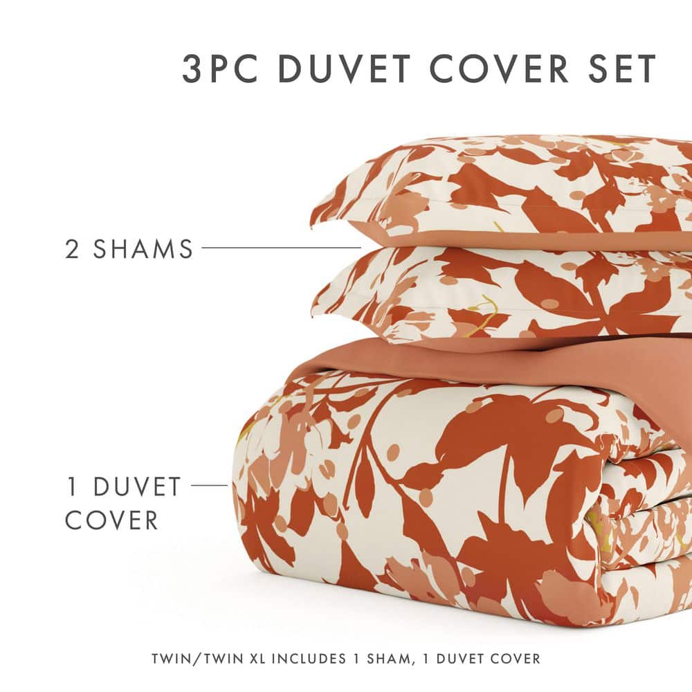 Clay and White Floral Microfiber Full/Queen Duvet Cover Set
