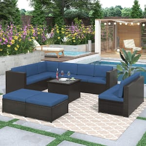 Brown 9-Piece Wicker Patio Conversation Sectional Seating Set with Blue Cushions