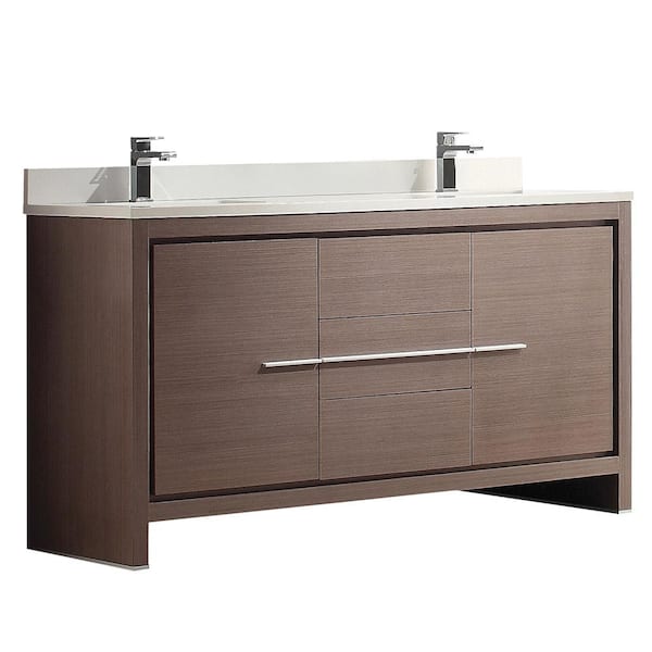 Fresca Allier 60 in. Double Vanity in Gray Oak with Glass Stone Vanity Top in White with White Basins