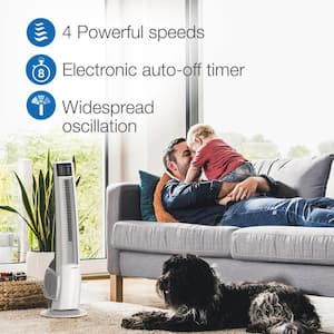 Hybrid 38 in. 4 Speed Oscillating White Tower Fan with Auto Shut-Off Timer and Remote Control