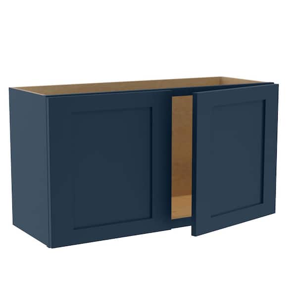Home Decorators Collection Newport 33 in. W x 12 in. D x 18 in. H Assembled Plywood Wall Bridge Kitchen Cabinet in Mythic Blue with Soft Close