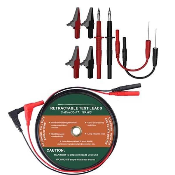2-Piece Series 30 ft. 18AWG Retractable Test Leads Kit with Alligator Clips Probes Circuit Electrical Testing