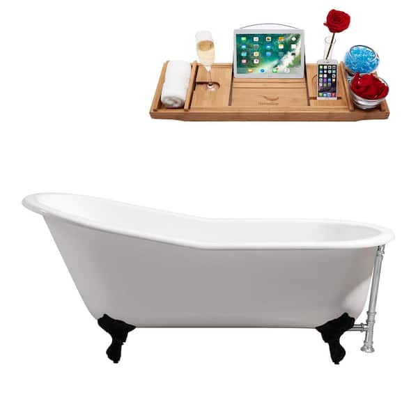 Streamline 67 in. x 30 in. Cast Iron Clawfoot Soaking Bathtub in Glossy White with Matte Black Clawfeet and Polished Chrome Drain