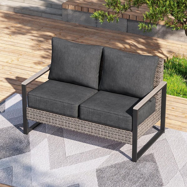 Outdoor Loveseat Sofa Patio Conversation Set 2 Seater Furniture with High Back and Gray Wicker Black Cushions