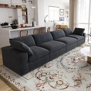 118 in. Square Arm 4-Piece Linen L-Shaped Sectional Sofa Corner Cloud Couch in Black