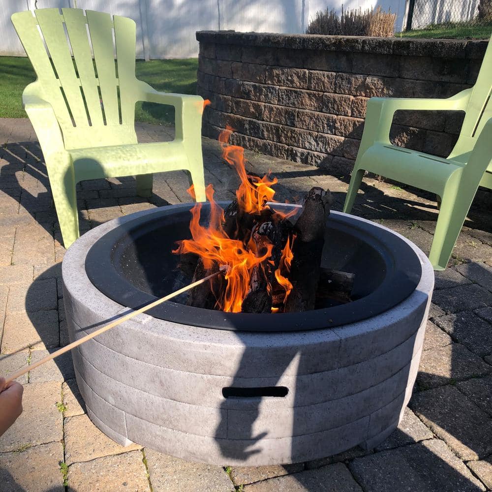 Large Round Gray Faux Stone Wood-Burning Fire Pit with Handles