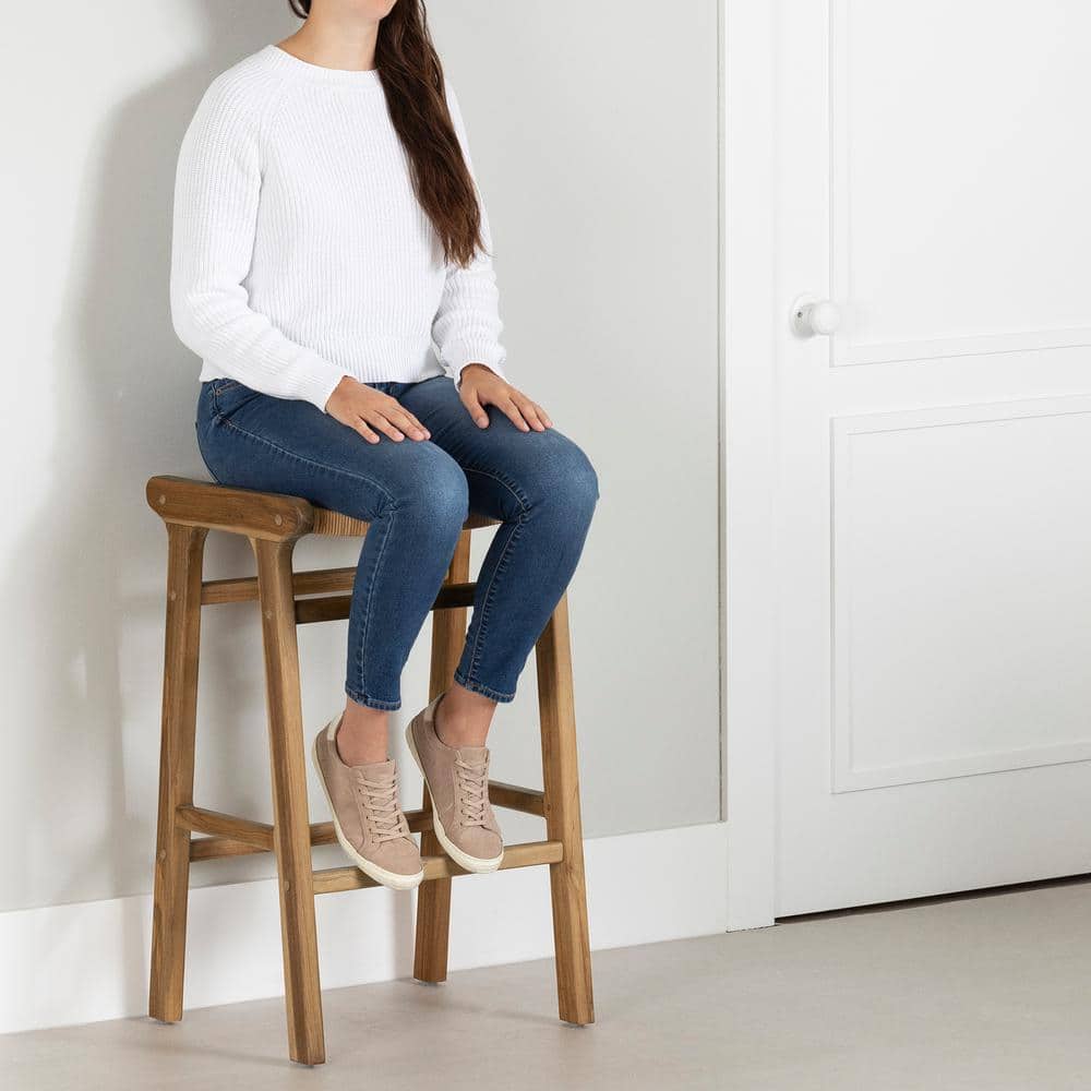 Rattan and Teak Wood Backless Bar Stools, Set of 2