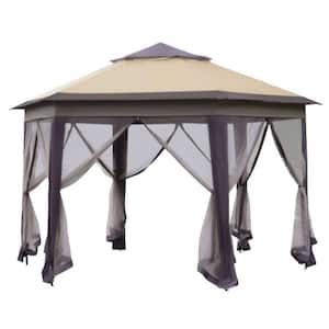 10 ft. x 12 ft. Beige Pop Up Gazebo Hexagonal Canopy Shelter with 6 Zippered Mesh Netting, Strong Steel Frame
