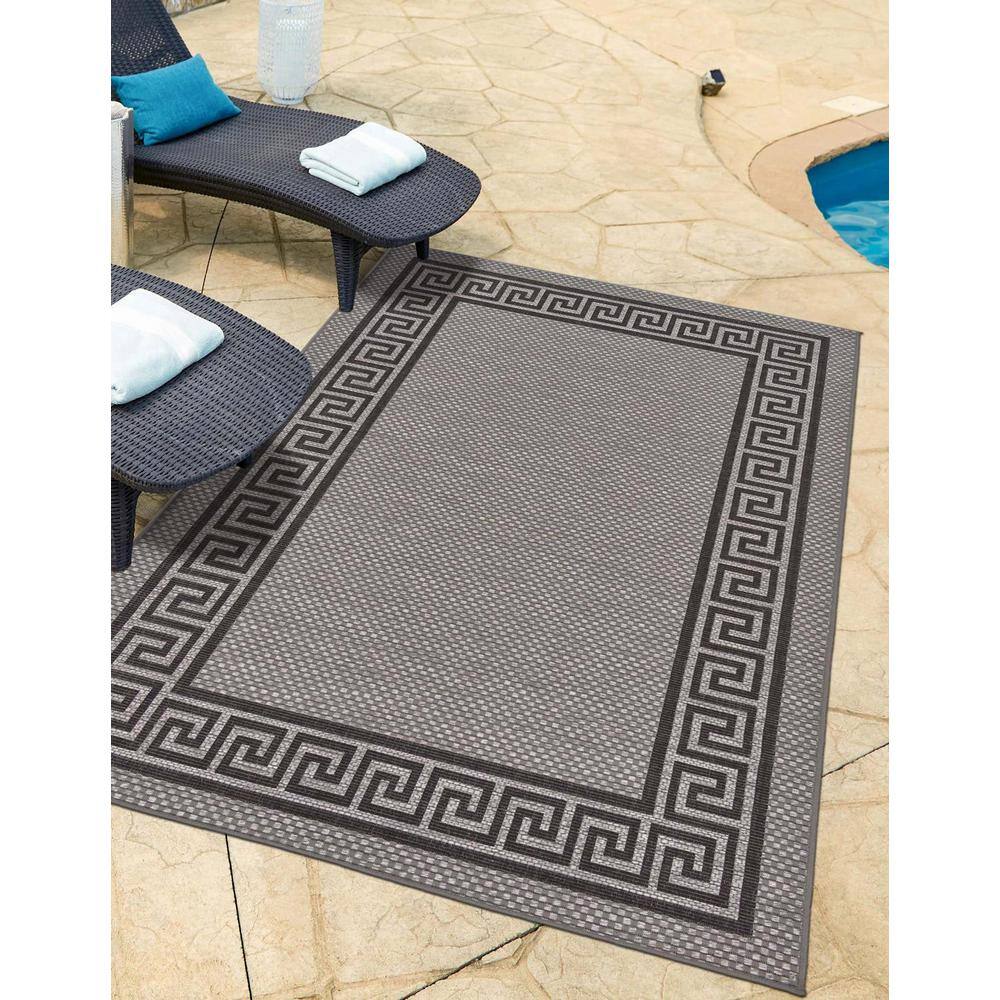 Gray and Black Rectangular Outdoor Greek Key Rug