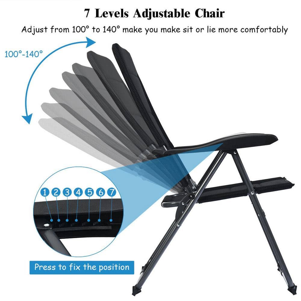 Adjustable Black Steel Frame Reclining Patio Chairs, Set of 2