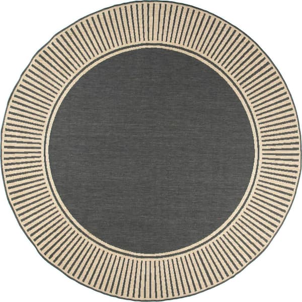 Striped Border Flatweave Dark Grey 8 ft. Outdoor Area Rug