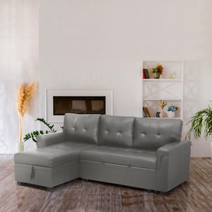 78 in W Reversible Faux Leather Sleeper Sectional Sofa Storage Chaise Pull Out Convertible Sofa in. Gray