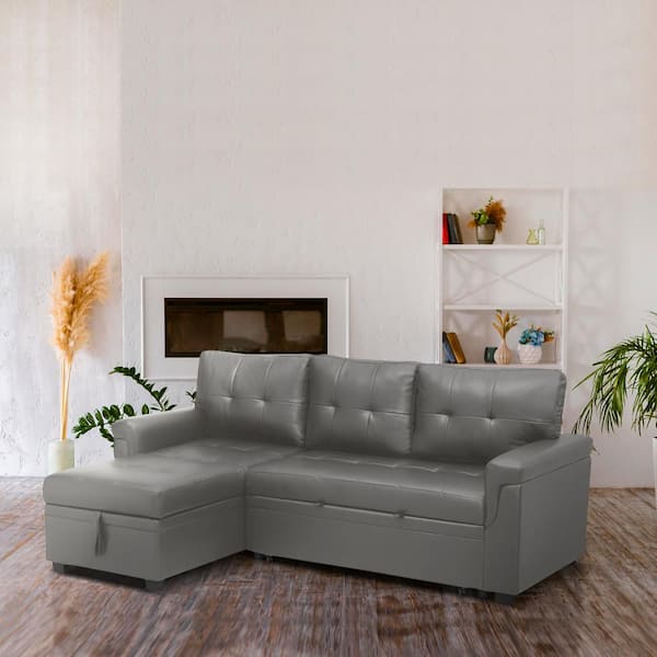 HOMESTOCK 85 in. Square Arm Velvet L-Shaped Sofa with Reversible Chaise and Pull-Out Sleeper Bed in. Gray Air Leather