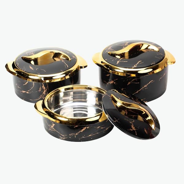 3-Piece Thermal Casserole Dish Set Marble White Insulated Stainless Steel Food Container with Lid for Hot Cold