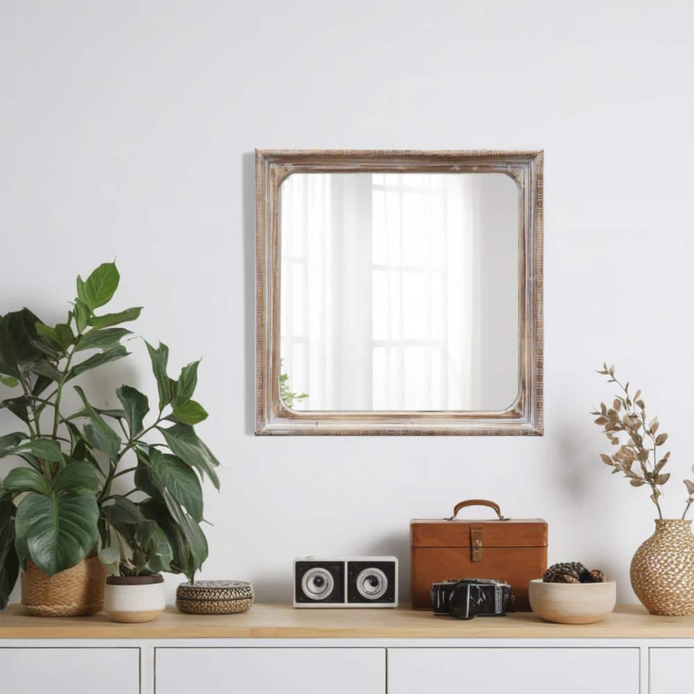 Rustic Brown Square Wood Framed Decorative Mirror, 23.6 x 23.6 Inches