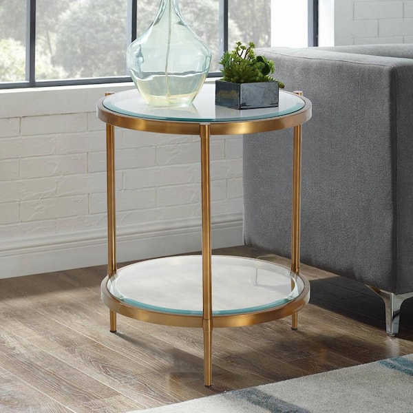 Gold Round End Table With Glass Top, Round Bedside Table With Glass Top