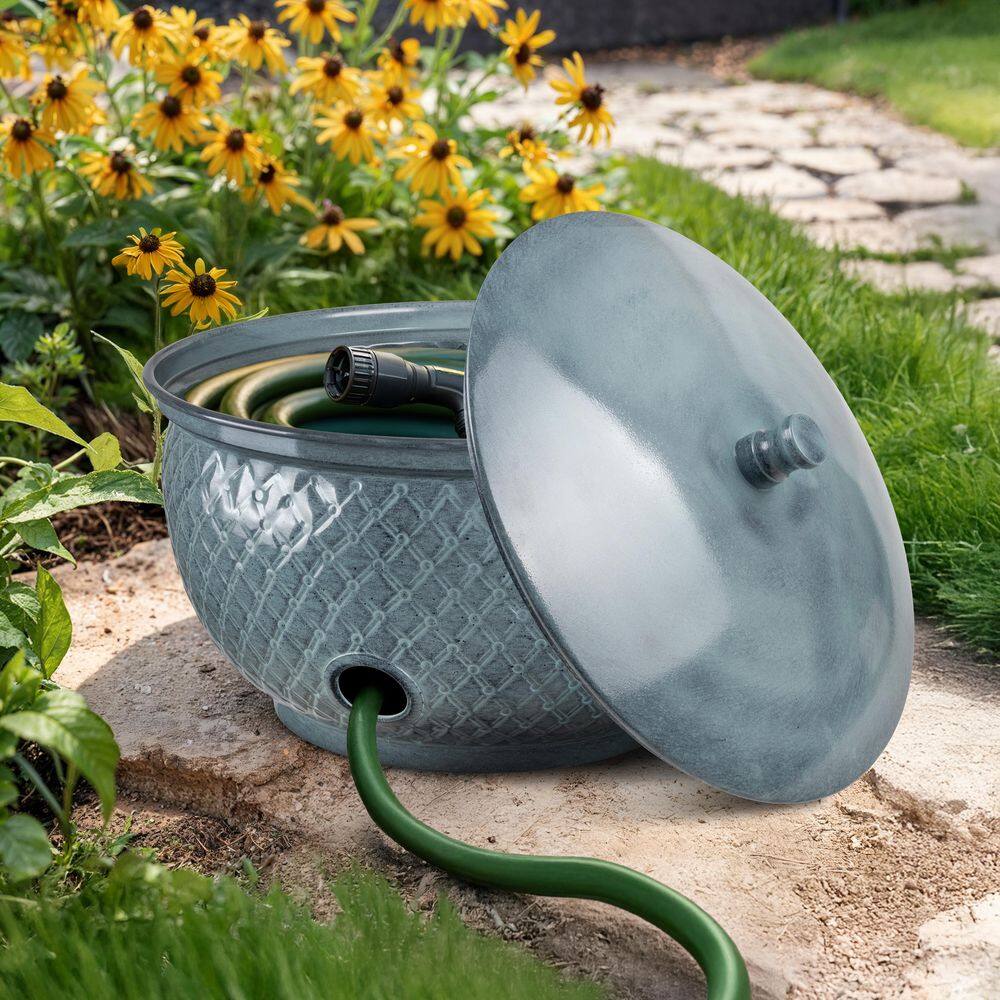 Diamond Embossed Metal Garden Hose Holder Pot with Lid, Patina price history on PriceWatchPro