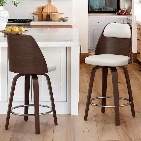 Unbranded Edward 26 in. Antique white Faux Leather Swivel Bar Stool Solid Wood Walnut Frame Counter Height Bar Stool (Set of 2)