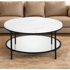 36 in. Black Round Faux Marble Coffee Table with Shelves Storage