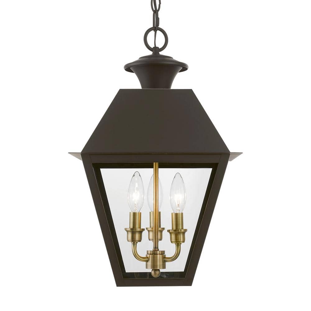 Bronze and Antique Brass 3-Light Outdoor Pendant with Clear Glass