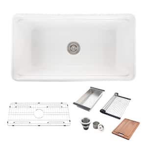 33 in. Farmhouse Apron Single Bowl White Ceramic Kitchen Sink with Grid, Strainer, Colander, Drying Rack, Cutting Board