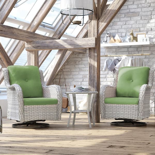 JOYSIDE 3-Piece Gray Wicker Patio Conversation Set Swivel Rocking Chair with Green Cushions and Table