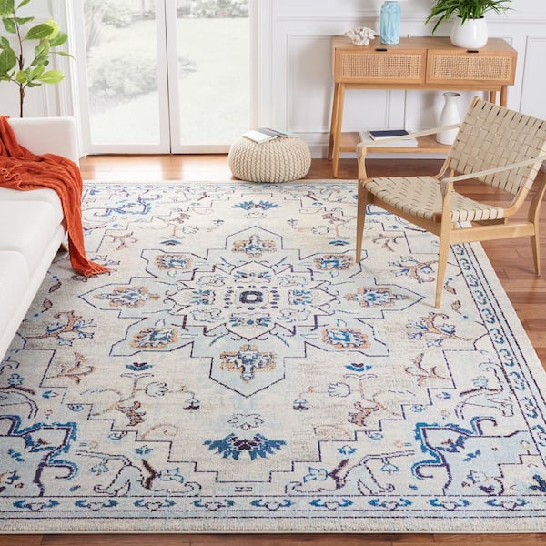 Madison Ivory/Light Blue 8 ft. x 8 ft. Border Geometric Floral Medallion Square Area Rug