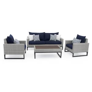 Milo Grey 4-Piece Wicker Patio Deep Seating Conversation Set with Sunbrella Navy Blue Cushions