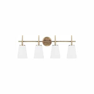 Driscoll 30 in. 4-Light Contemporary Modern Satin Brass Wall Bathroom Vanity Light with White Glass and LED Bulbs