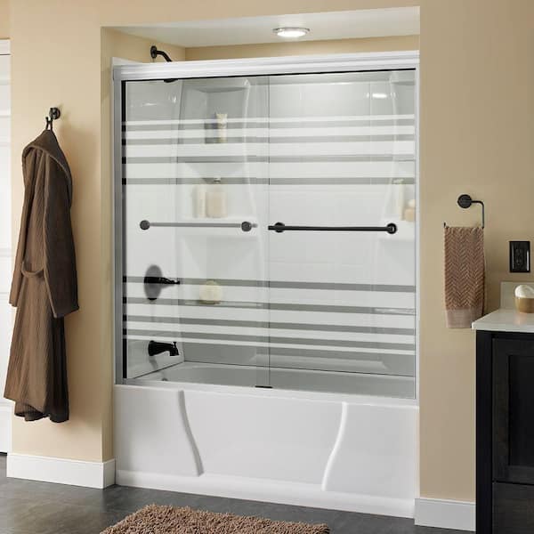 Delta Lyndall 60 in. x 58-1/8 in. Semi-Frameless Traditional Sliding Bathtub Door in White and Bronze with Transition Glass