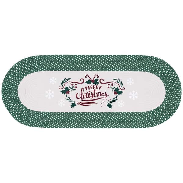 Braided Posters Ivory/Green 2 ft. x 4 ft.Machine Washable Merry Christmas Mistletoe Oval Runner Rug