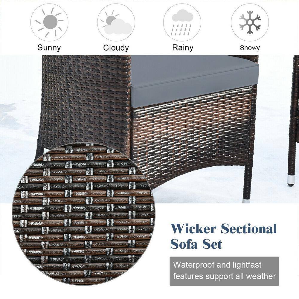4-Piece Gray Rattan Wicker Patio Sofa Set with Cushions and Coffee Table