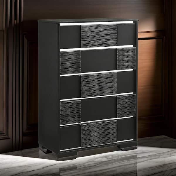 Benjara Black and Chrome 5-Drawers 34.25 in. Dresser Without Mirror