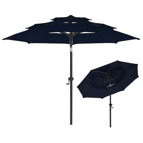 PASAMIC 9 ft. 3-Tiers Aluminum Market Umbrella Outdoor Patio Umbrella with Push Button Tilt Fade Resistant in Navy Blu