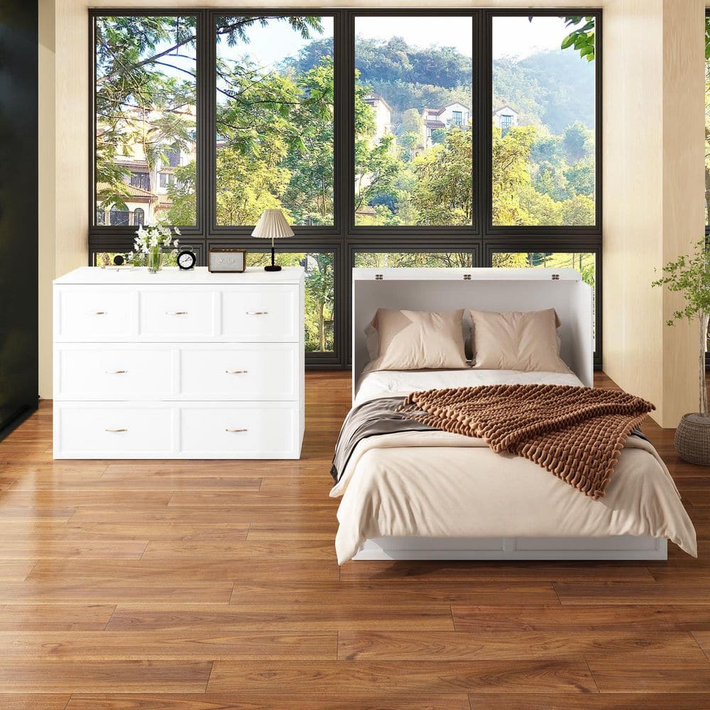 White Wood Frame Full Size Murphy Bed Chest Cabinet with 2 Storage Drawers, USB Charging Station and Wheels price history on PriceWatchPro