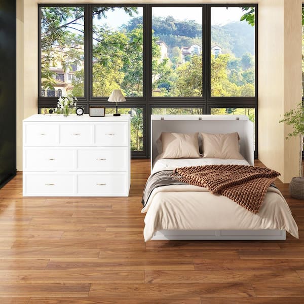 White Wood Frame Full Size Murphy Bed Chest Cabinet with 2 Storage Drawers, USB Charging Station and Wheels