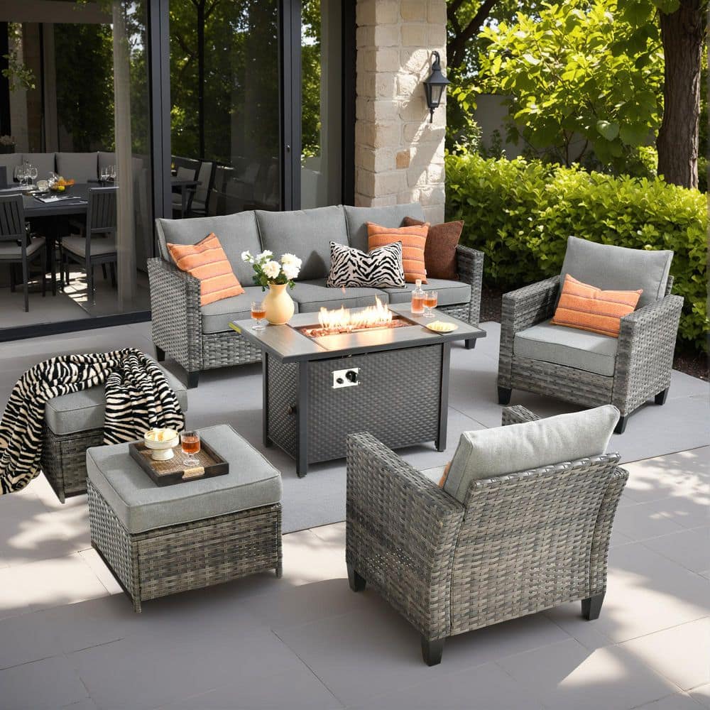 Flora 6-Piece Wicker Patio Rectangle Fire Pit Conversation Set with Dark Gray Cushions price history on PriceWatchPro