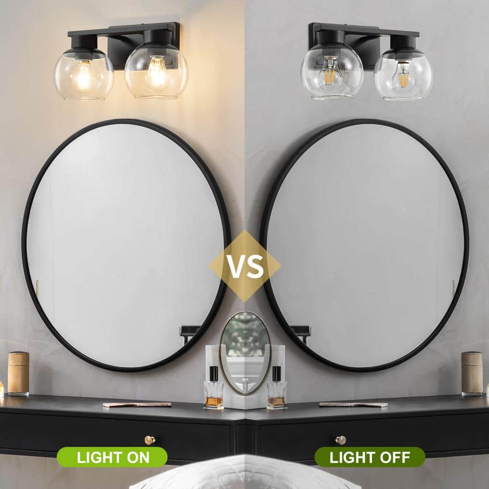 Black Metal 2-Light Bathroom Vanity Fixture with Clear Glass Shades