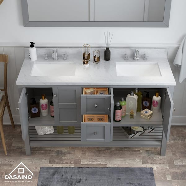 60 in. W x 22 in. D x 35.4 in. H Double Sink Solid Wood Bath Vanity in Gray with White Natural Marble Top and Basin