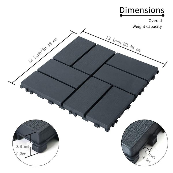 FIROMO 12 in. x 12 in. Plastic Dark Gray Square Stripe Interlocking Floor Patio Deck Tiles (Pack of 44)