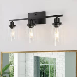 24 in. 3-Light Industrial Matte Black Vanity Light Fixtures for Bathroom with Clear Glass Shades