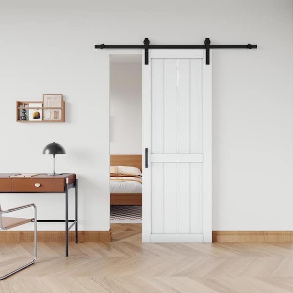 30 in. x 84 in. White Paneled H Style White Primed MDF Sliding Barn Door with Hardware Kit and Soft Close