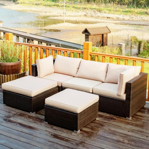 5-Piece Black Wicker Outdoor Sectional Set with Beige Cushions