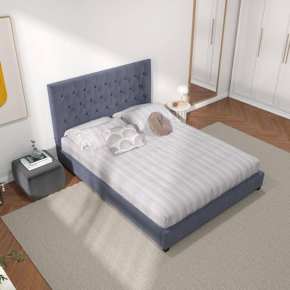 Gray Velvet Upholstered Queen Platform Bed with Tufted Headboard