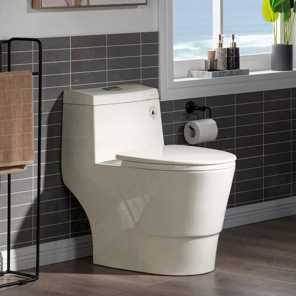 WOODBRIDGE Flora 1-Piece 1.1/1.6 GPF Dual Flush Elongated Comfort Height Toilet in Biscuit with Soft Closed, Seat Included
